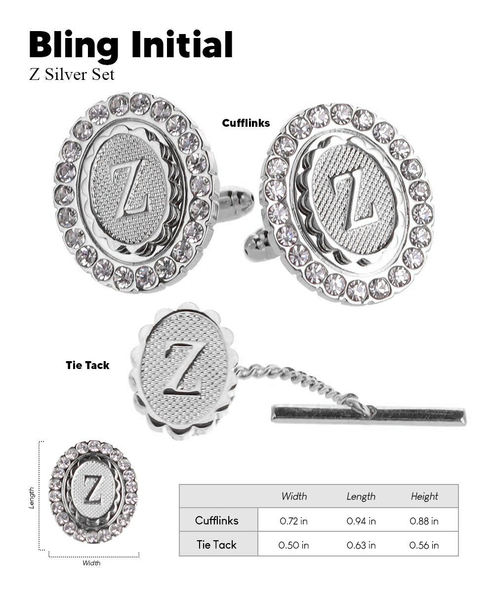 Bling Initial Cufflinks & Tie Tack Set in a Gift Box (A to Z) by Vittorio Vico (initial - cuff - link - tie - tack - ZS) for Independent Retail Stores by Dubal Brothers