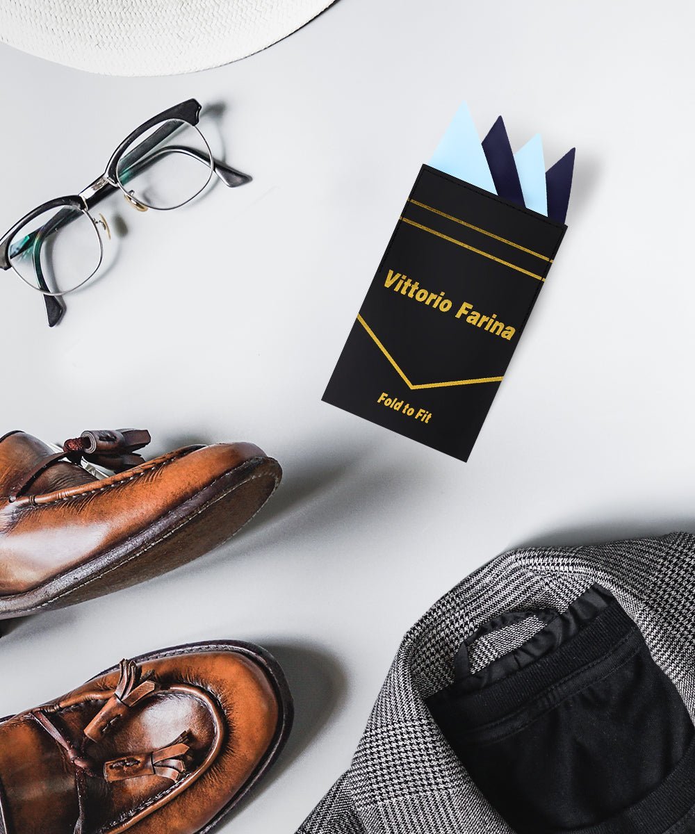 Two - Tone Four Point Pre - Folded Pocket Square by Vittorio Farina (PS - PREFOLD_SKY - NAVY) for Independent Retail Stores by Dubal Brothers