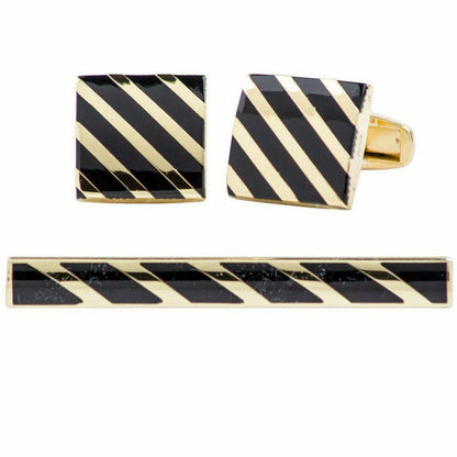 Plain Cufflinks & Tie Bar Set with Gold Setting in a Box by Vittorio Vico