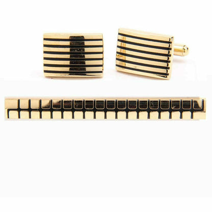 Plain Cufflinks & Tie Bar Set with Gold Setting in a Box by Vittorio Vico