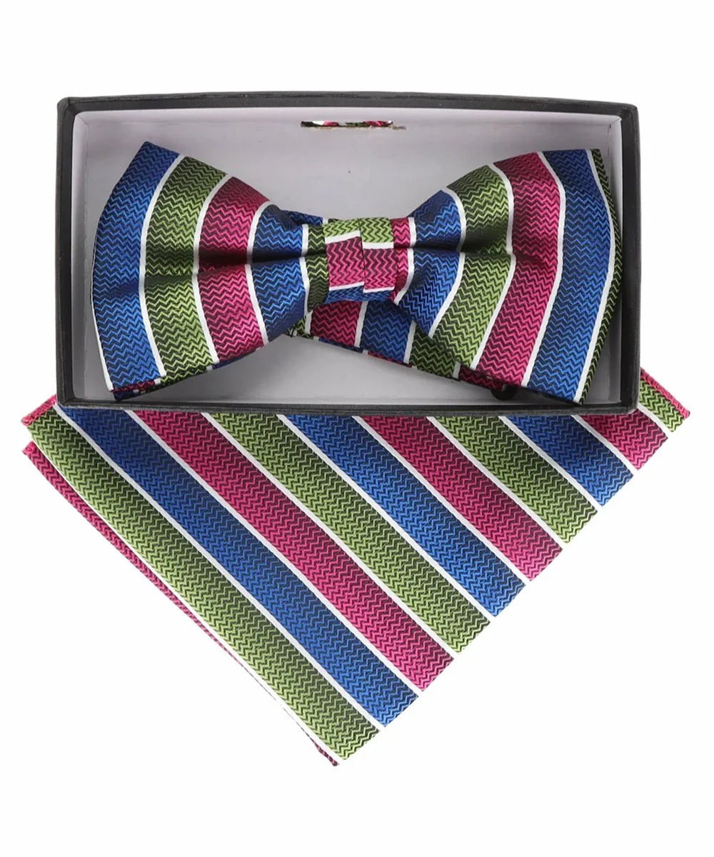 Vittorio Farina Men's Geometric Design Satin Bow Tie & Pocket Square in Gift Box - BH - D - 21175 - Classy Cufflinks