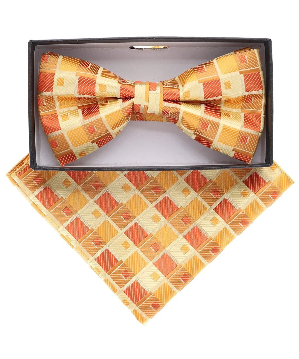 Vittorio Farina Men's Geometric Design Satin Bow Tie & Pocket Square in Gift Box - BH - D - 21184 - Classy Cufflinks