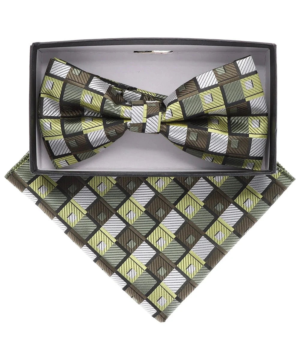 Vittorio Farina Men's Geometric Design Satin Bow Tie & Pocket Square in Gift Box - BH - D - 21185 - Classy Cufflinks