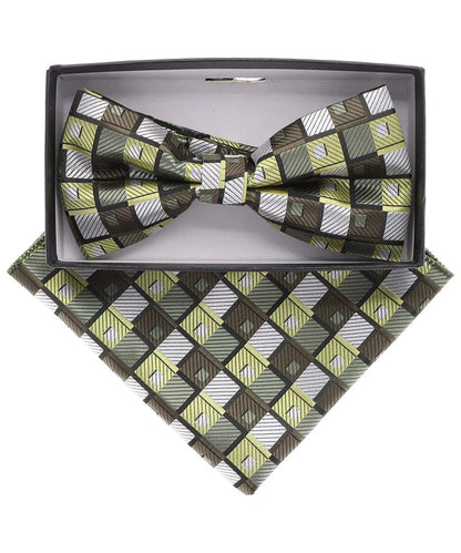 Vittorio Farina Men's Geometric Design Satin Bow Tie & Pocket Square in Gift Box - BH - D - 21185 - Classy Cufflinks