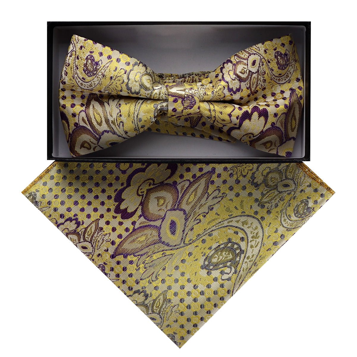 Vittorio Farina Men's Paisley Design Satin Bow Tie & Pocket Square in Gift Box - BH - D_23080 - Classy Cufflinks