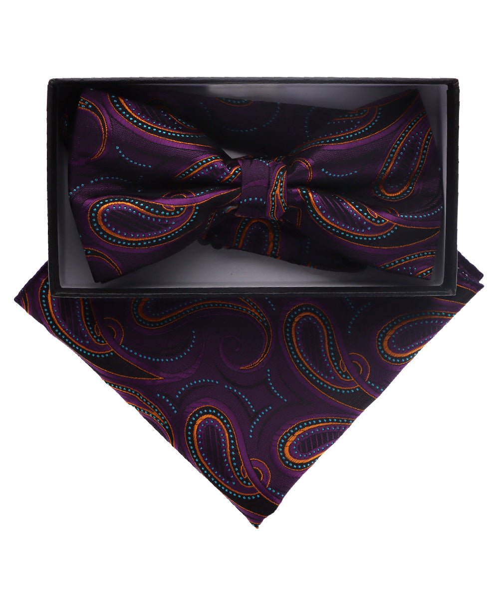 Vittorio Farina Men's Paisley Design Satin Bow Tie & Pocket Square in Gift Box - BH-D_23097A - Classy Cufflinks