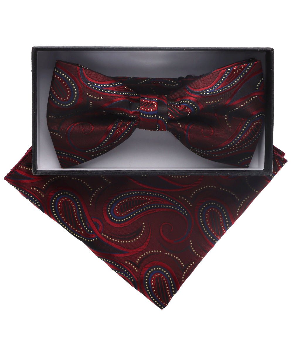 Vittorio Farina Men's Paisley Design Satin Bow Tie & Pocket Square in Gift Box - BH-D_23099 - Classy Cufflinks