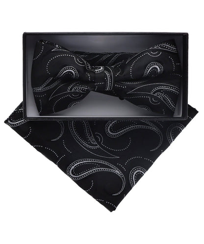 Vittorio Farina Men's Paisley Design Satin Bow Tie & Pocket Square in Gift Box - BH-D_23100A - Classy Cufflinks