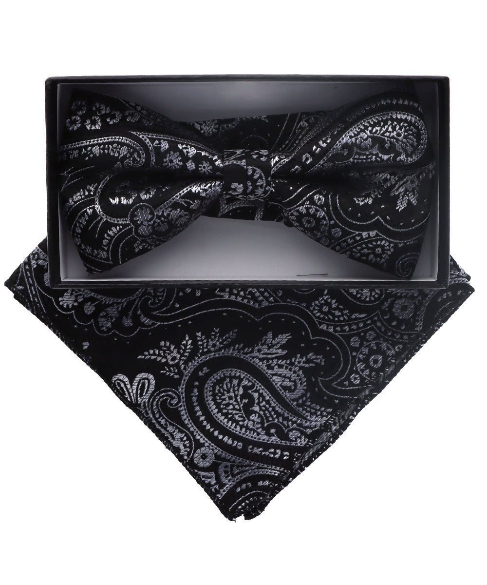 Vittorio Farina Men's Paisley Design Satin Bow Tie & Pocket Square in Gift Box - BH-D_23102 - Classy Cufflinks