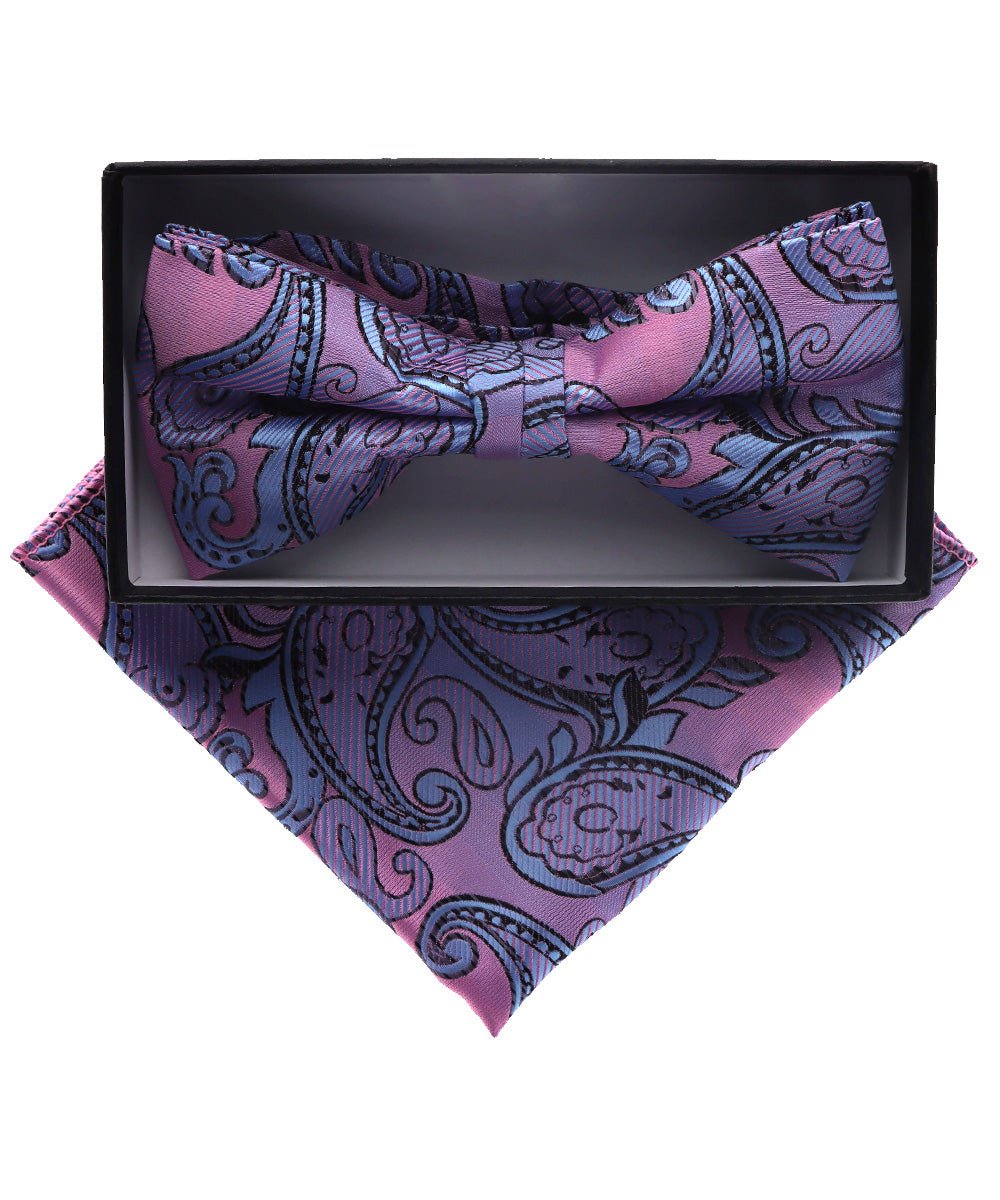 Vittorio Farina Men's Paisley Design Satin Bow Tie & Pocket Square in Gift Box - BH-D_23104 - Classy Cufflinks