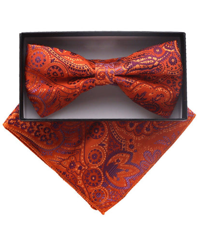 Vittorio Farina Men's Paisley Design Satin Bow Tie & Pocket Square in Gift Box - BH-D_23105 - Classy Cufflinks