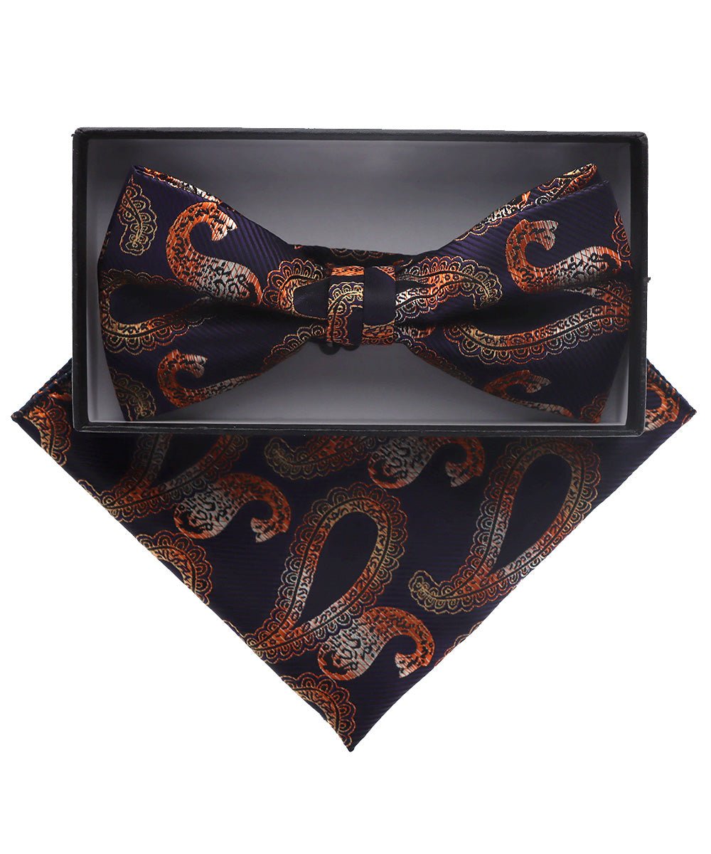 Vittorio Farina Men's Paisley Design Satin Bow Tie & Pocket Square in Gift Box - BH-D_23106 - Classy Cufflinks