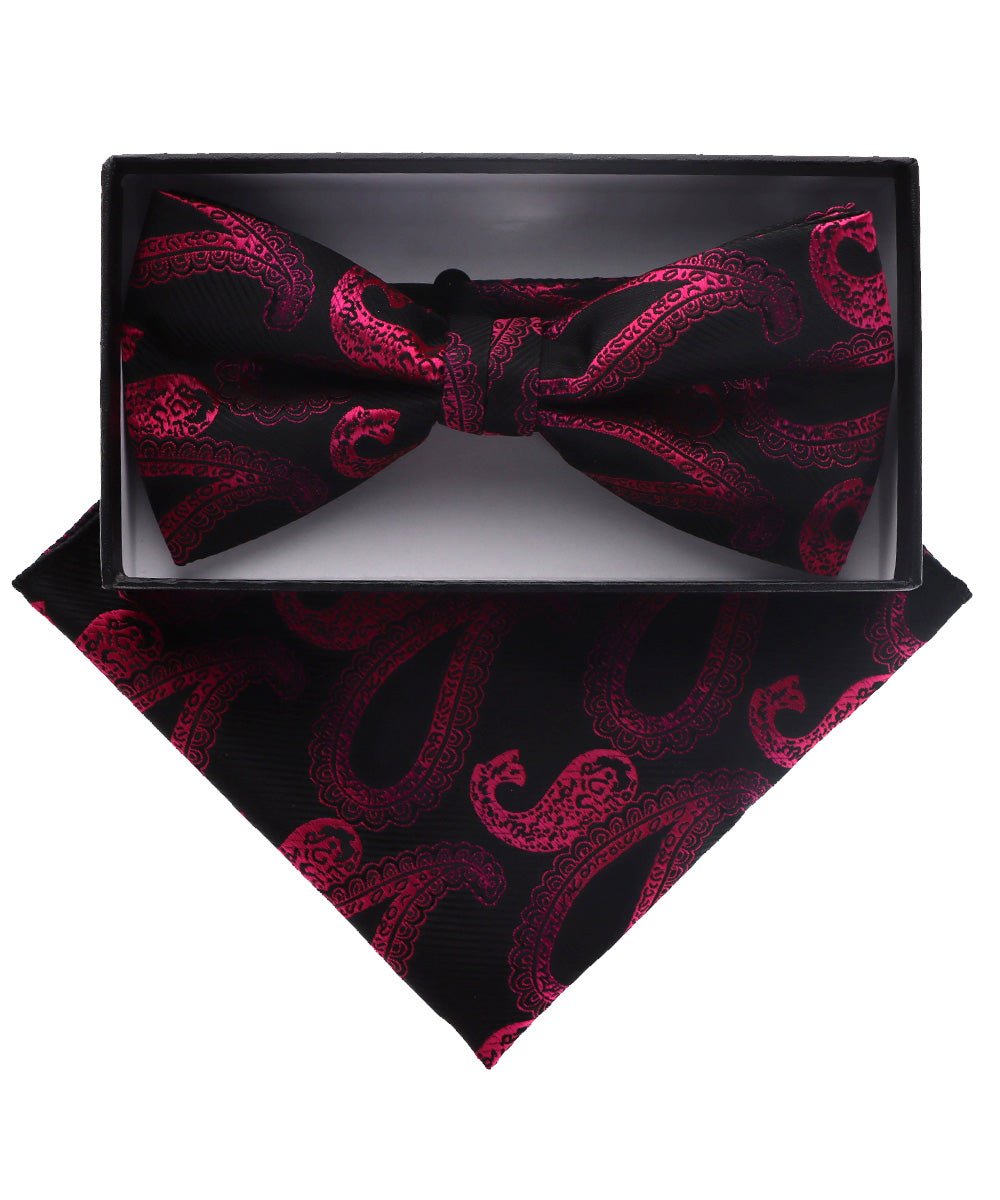 Vittorio Farina Men's Paisley Design Satin Bow Tie & Pocket Square in Gift Box - BH-D_23107 - Classy Cufflinks