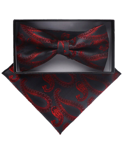 Vittorio Farina Men's Paisley Design Satin Bow Tie & Pocket Square in Gift Box - BH-D_23108 - Classy Cufflinks