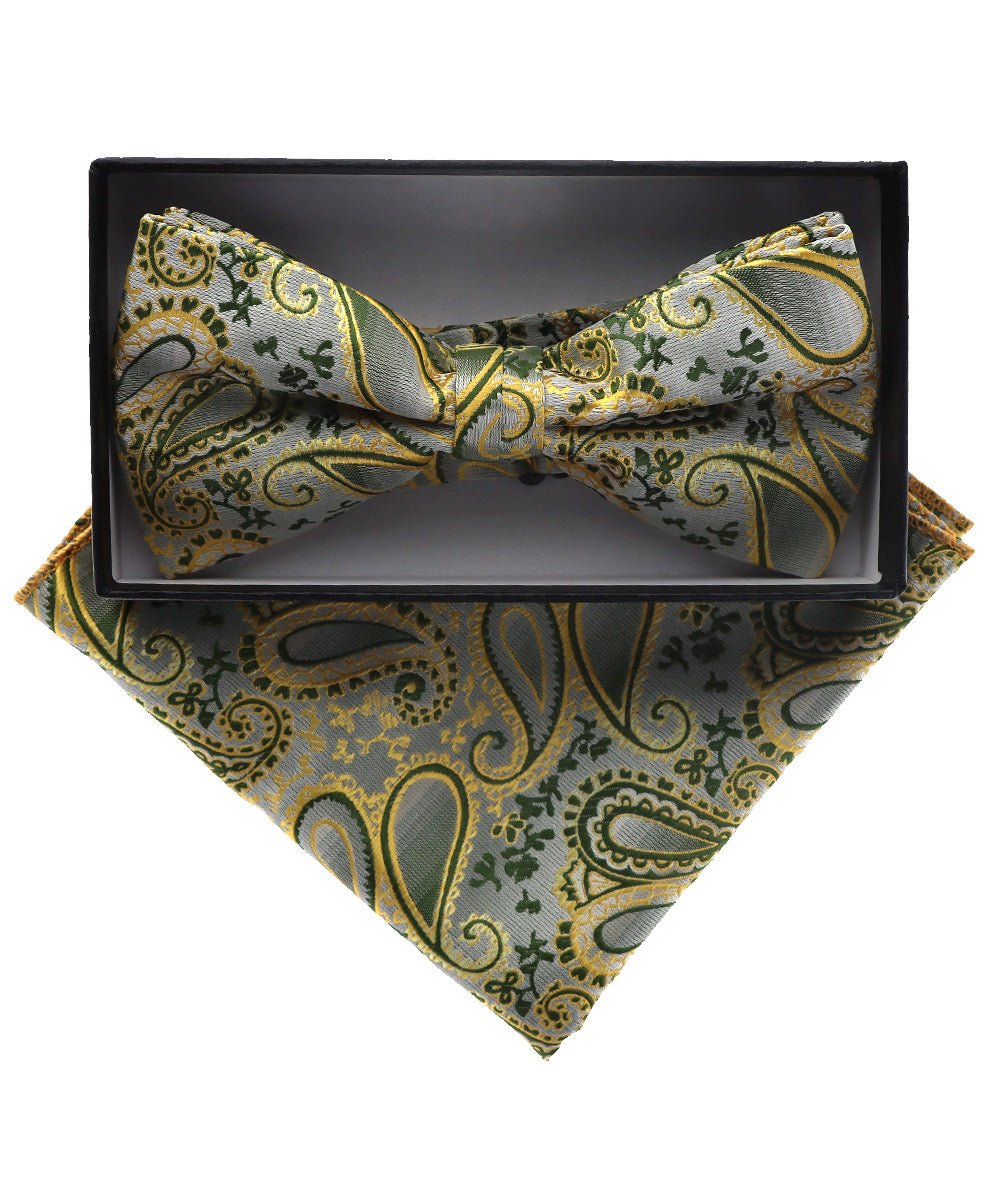 Vittorio Farina Men's Paisley Design Satin Bow Tie & Pocket Square in Gift Box - BH-D_23115 - Classy Cufflinks