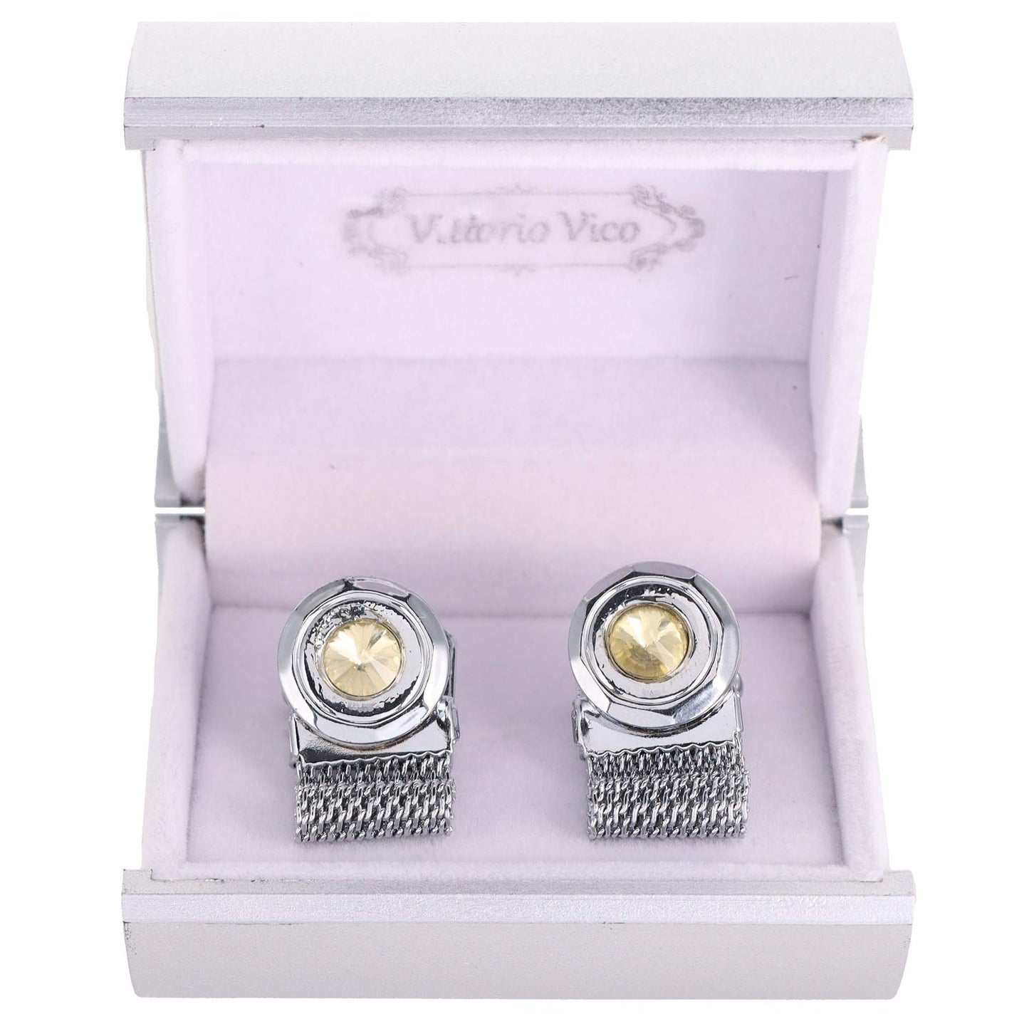 Chain Cufflinks with Round Crystal and Round Setting in a Box by Vittorio Vico (CH - 004) for Independent Retail Stores by Dubal Brothers