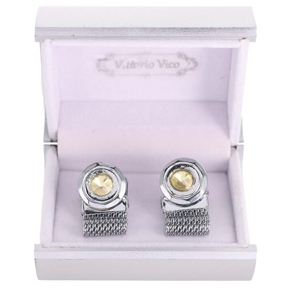 Chain Cufflinks with Round Crystal and Round Setting in a Box by Vittorio Vico (CH - 004) for Independent Retail Stores by Dubal Brothers