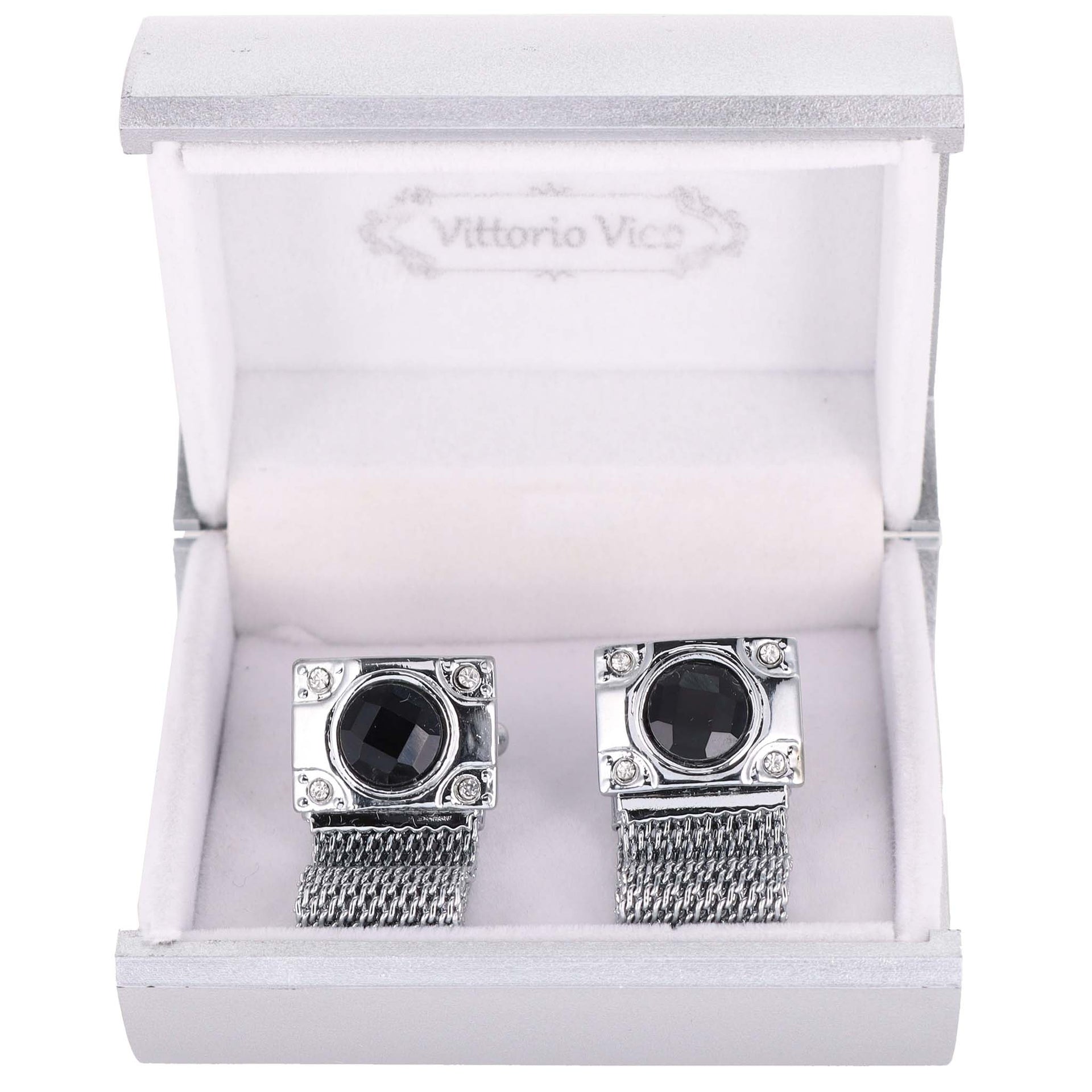 Chain Cufflinks with Square Crystal and Round Setting in a Box by Vittorio Vico (ch - 026) for Independent Retail Stores by Dubal Brothers
