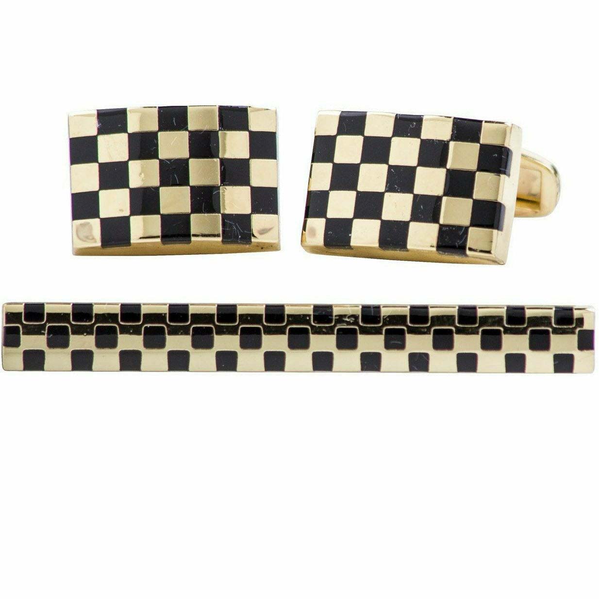 Plain Cufflinks & Tie Bar Set with Gold Setting in a Box by Vittorio Vico