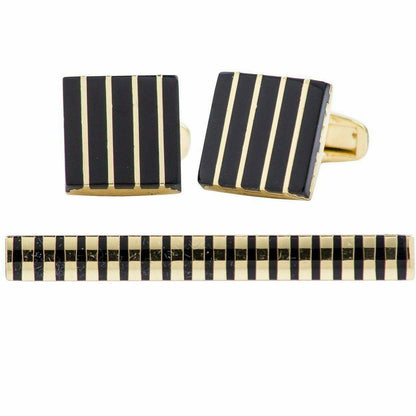 Plain Cufflinks & Tie Bar Set with Gold Setting in a Box by Vittorio Vico