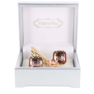 Colorstone Cufflinks & Tie Bar Set in a Box by Vittorio Vico - Clear and Gold - Wholesale Cufflink & Tiebar Set by Dubal Brothers