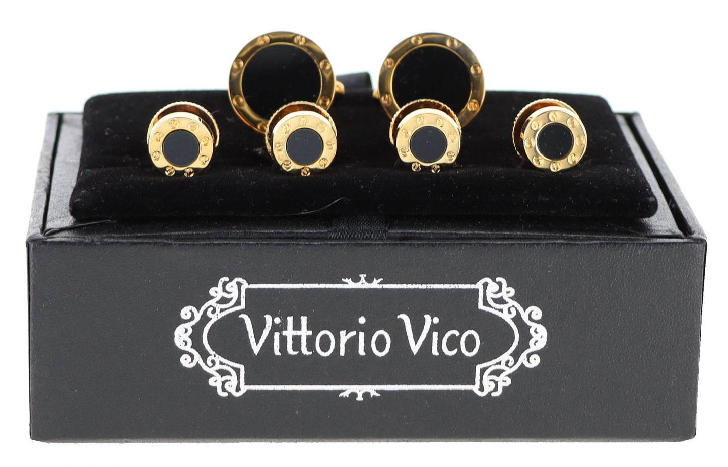 Fancy Cufflinks & Stud Set with Gold Setting in a Box by Vittorio Vico (fs - 20 - gold) for Independent Retail Stores by Dubal Brothers