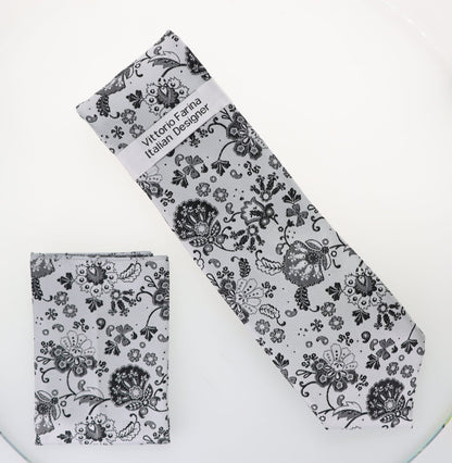 Floral Design Necktie & Pocket Square by Vittorio Farina (NH - D - 1319) for Independent Retail Stores by Dubal Brothers
