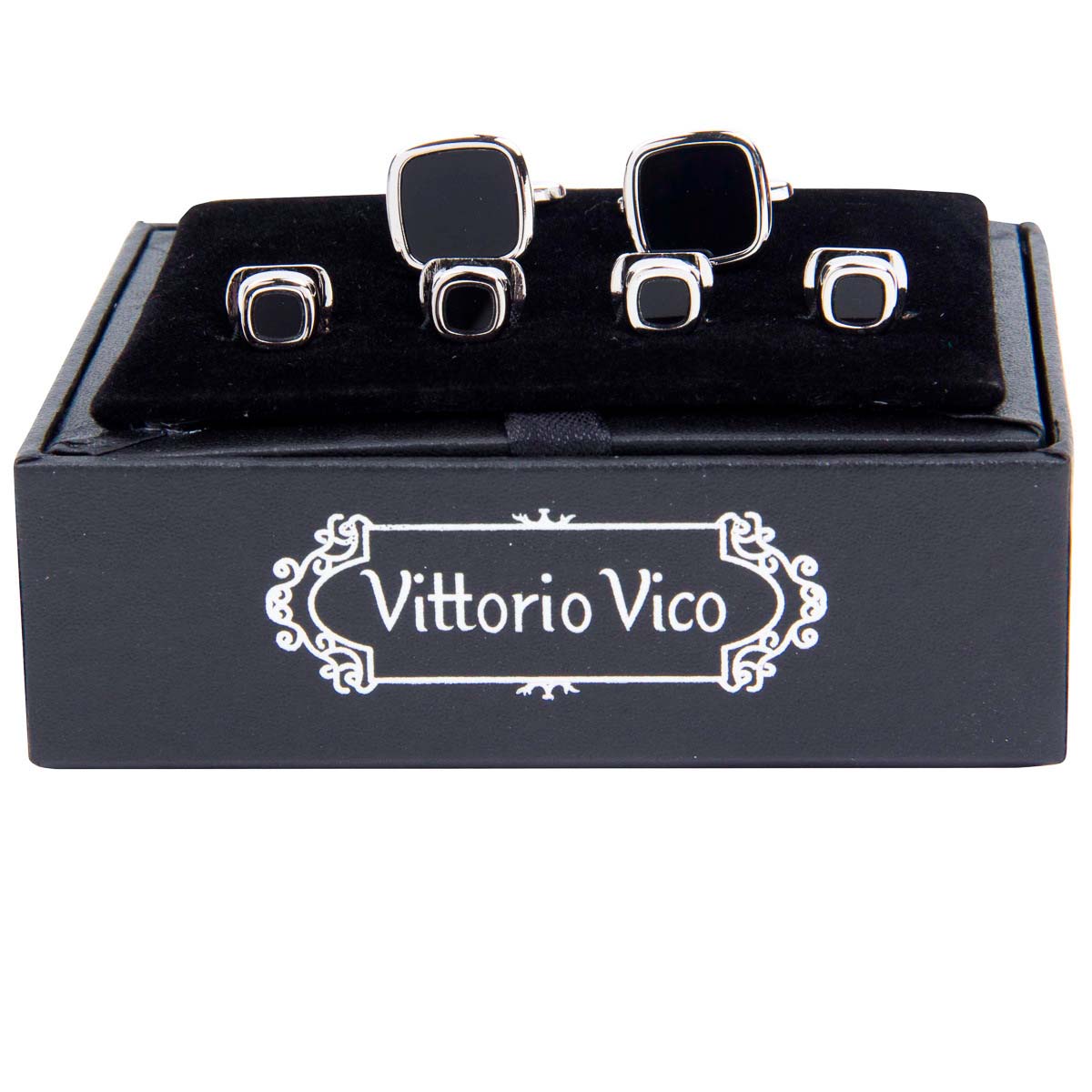 Fancy Cufflinks & Stud Set with Silver Setting in a Box by Vittorio Vico