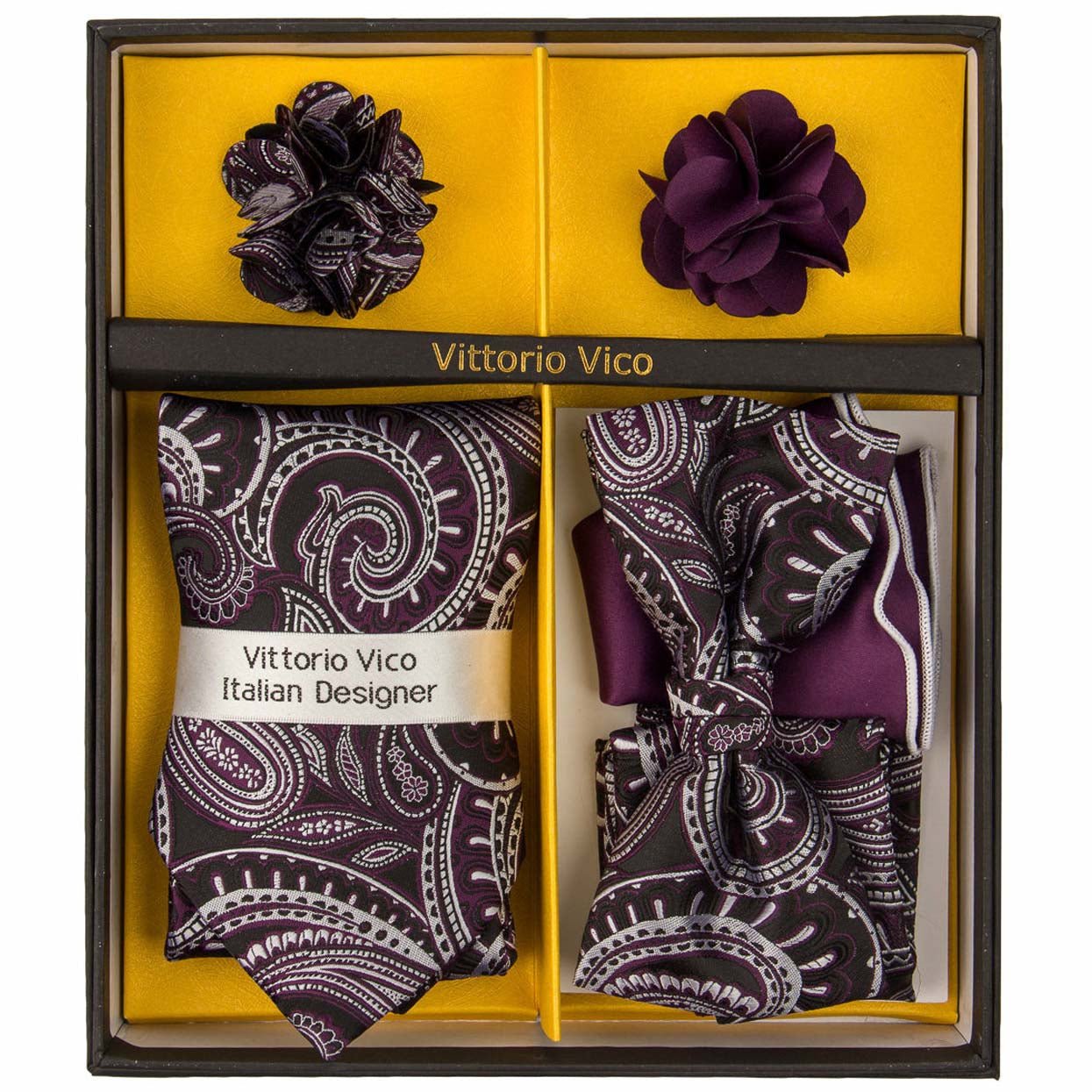 Gift Box (Necktie, Bow Tie, Pocket Square and Flower Lapel Pin) in a Box by Vittorio Farina