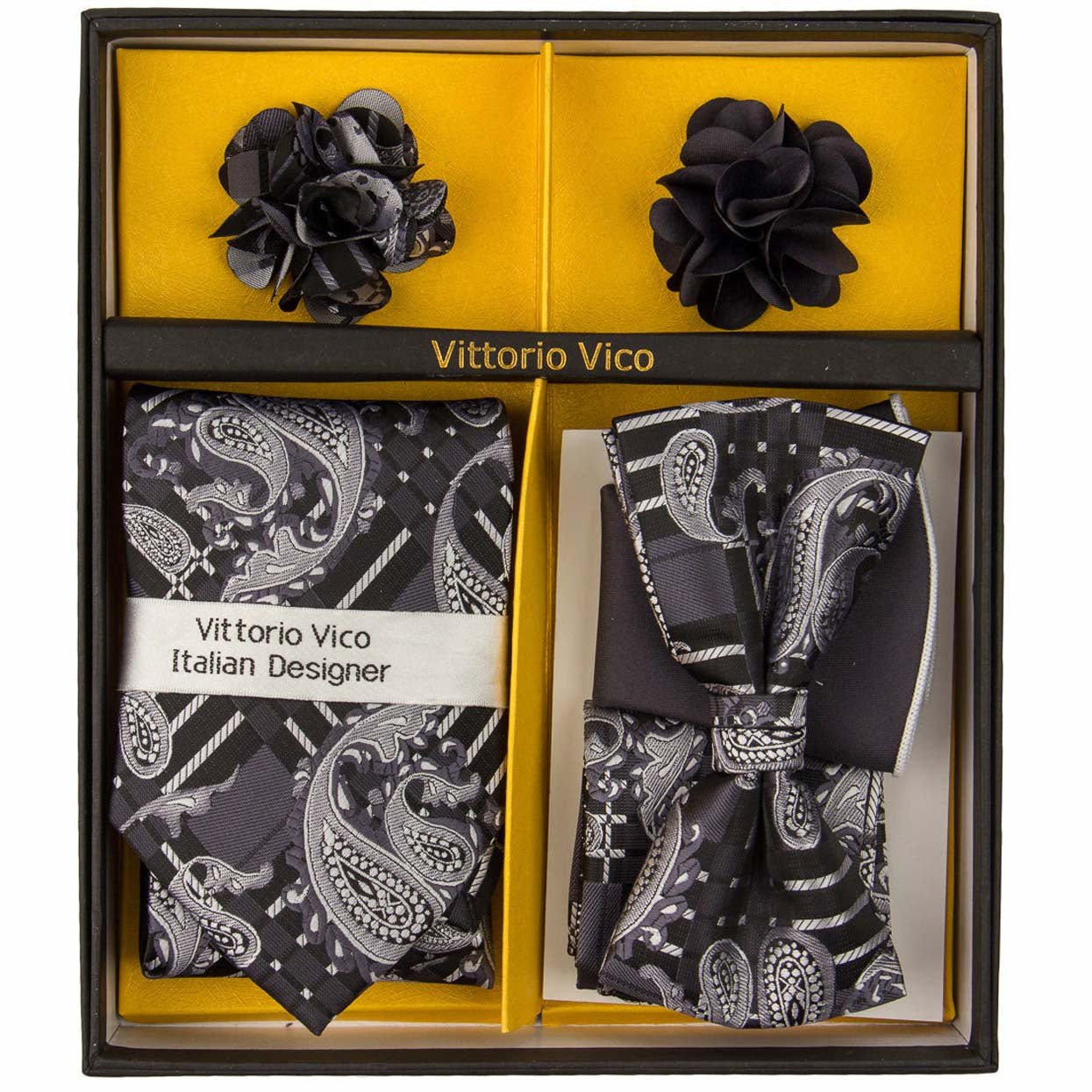 Gift Box (Necktie, Bow Tie, Pocket Square and Flower Lapel Pin) in a Box by Vittorio Farina
