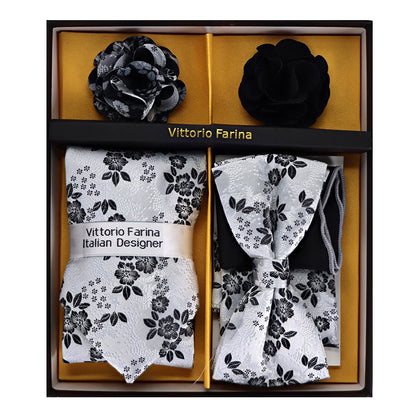 Vittorio Farina Men's Design Necktie, Bow Tie, Pocket Squares and Flower Lapel Pin in a Gift Box - GB - NHBL - D_21052 - Classy Cufflinks