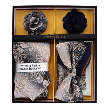 Vittorio Farina Men's Design Necktie, Bow Tie, Pocket Squares and Flower Lapel Pin in a Gift Box - GB - NHBL - D_21054 - Classy Cufflinks