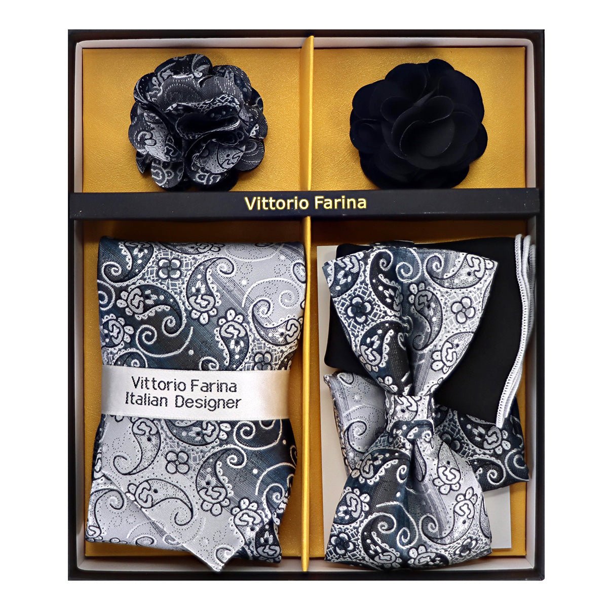 Vittorio Farina Men's Design Necktie, Bow Tie, Pocket Squares and Flower Lapel Pin in a Gift Box - GB - NHBL - D_21056 - Classy Cufflinks