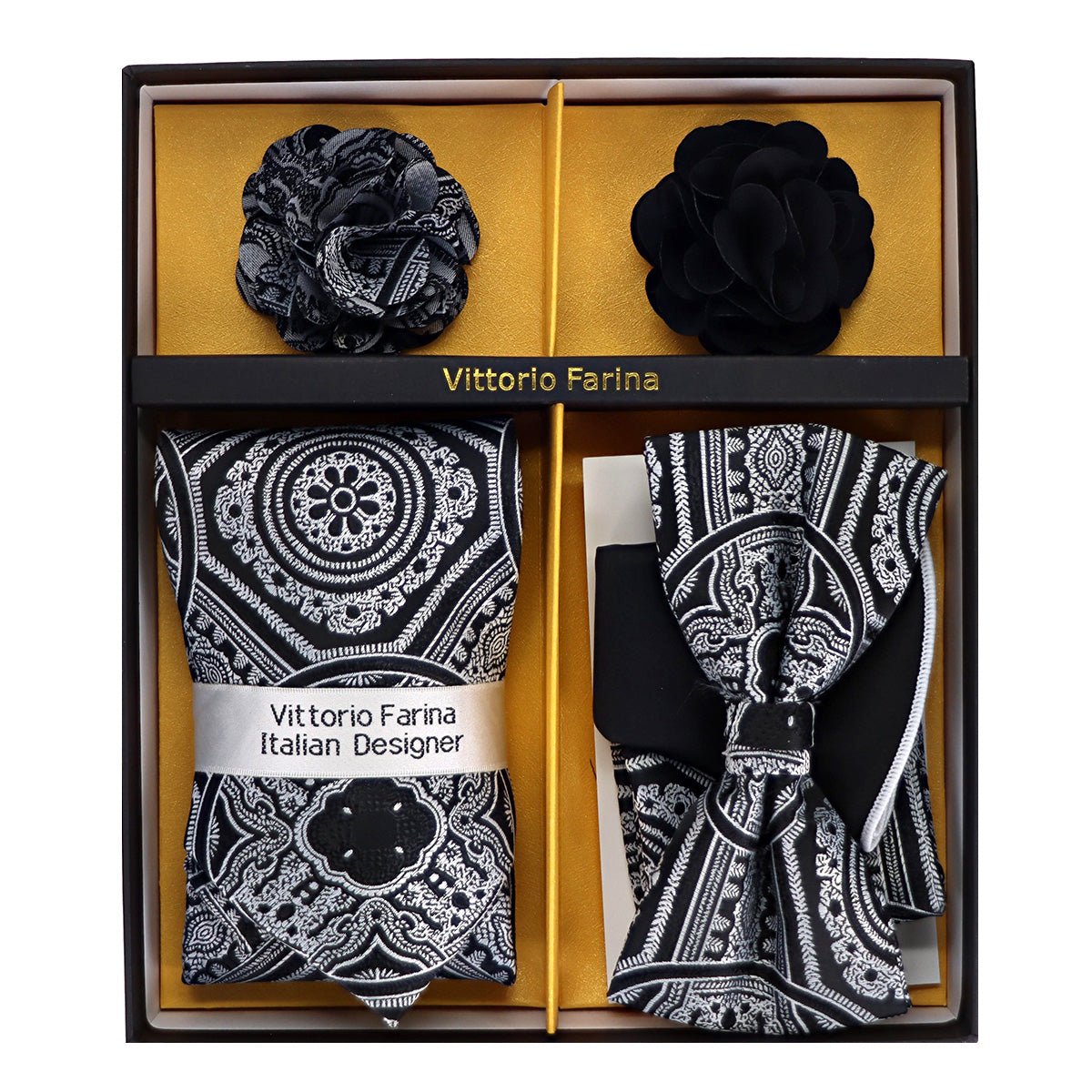 Vittorio Farina Men's Design Necktie, Bow Tie, Pocket Squares and Flower Lapel Pin in a Gift Box - GB - NHBL - D_21058 - Classy Cufflinks