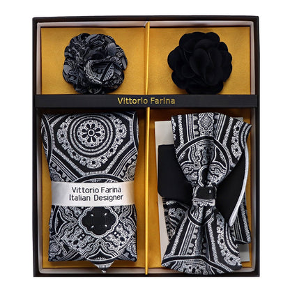 Vittorio Farina Men's Design Necktie, Bow Tie, Pocket Squares and Flower Lapel Pin in a Gift Box - GB - NHBL - D_21058 - Classy Cufflinks