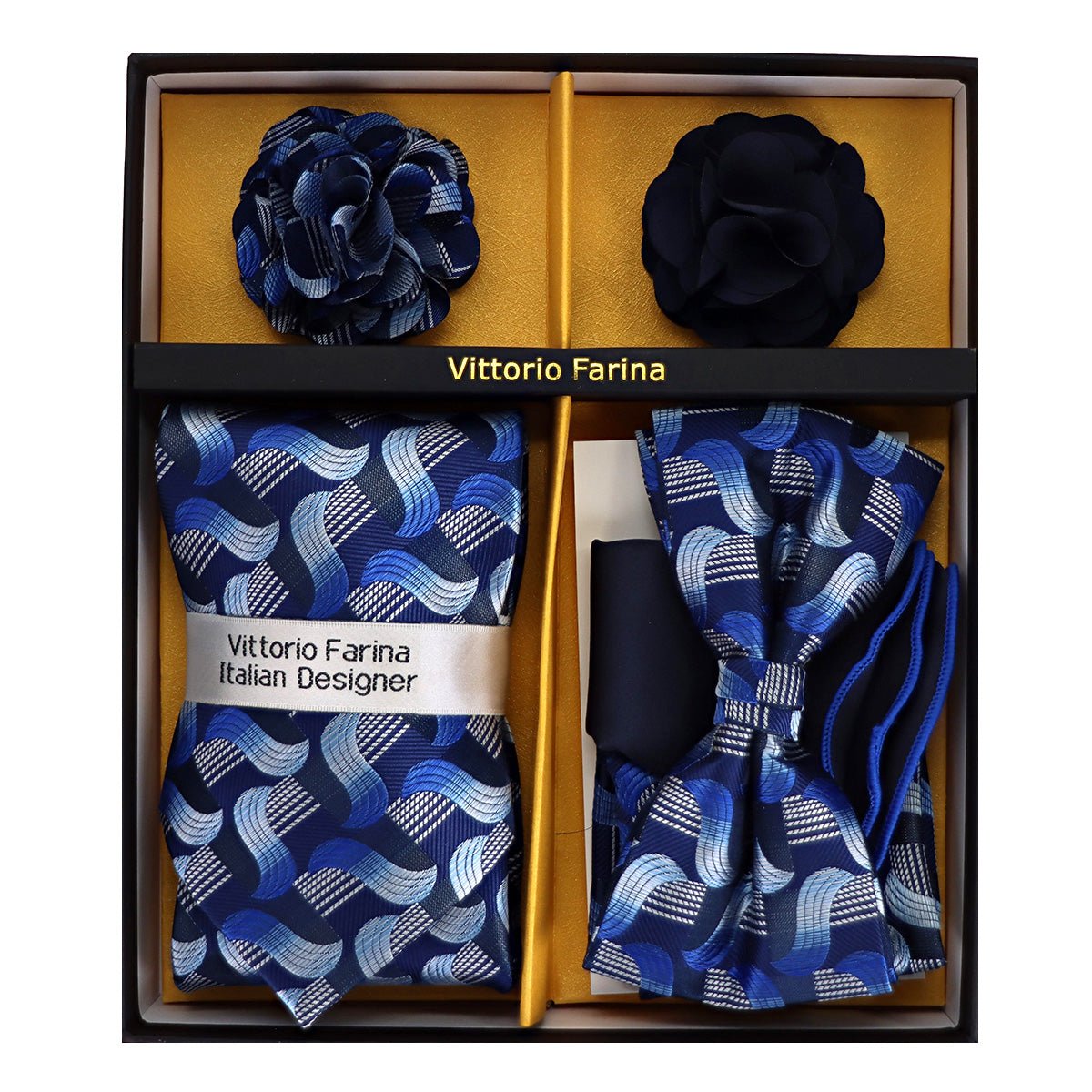 Vittorio Farina Men's Design Necktie, Bow Tie, Pocket Squares and Flower Lapel Pin in a Gift Box - GB - NHBL - D_21060 - Classy Cufflinks