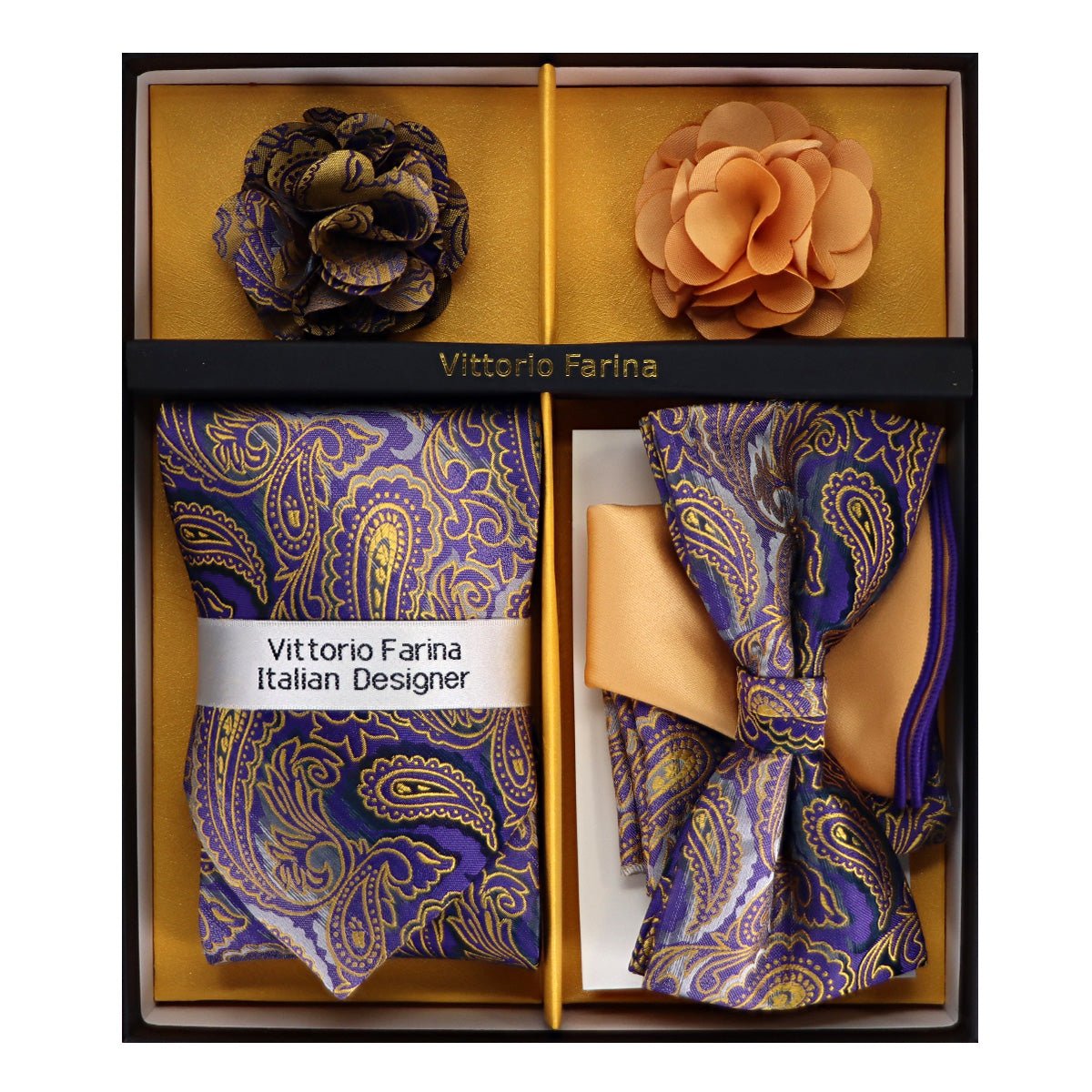 Vittorio Farina Men's Design Necktie, Bow Tie, Pocket Squares and Flower Lapel Pin in a Gift Box - GB - NHBL - D_21063 - Classy Cufflinks