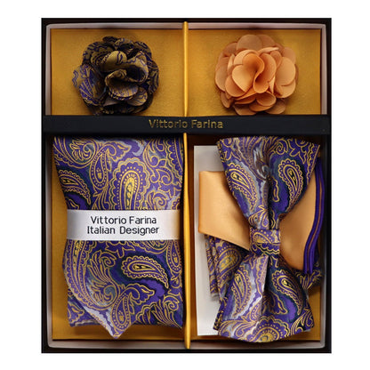 Vittorio Farina Men's Design Necktie, Bow Tie, Pocket Squares and Flower Lapel Pin in a Gift Box - GB - NHBL - D_21063 - Classy Cufflinks