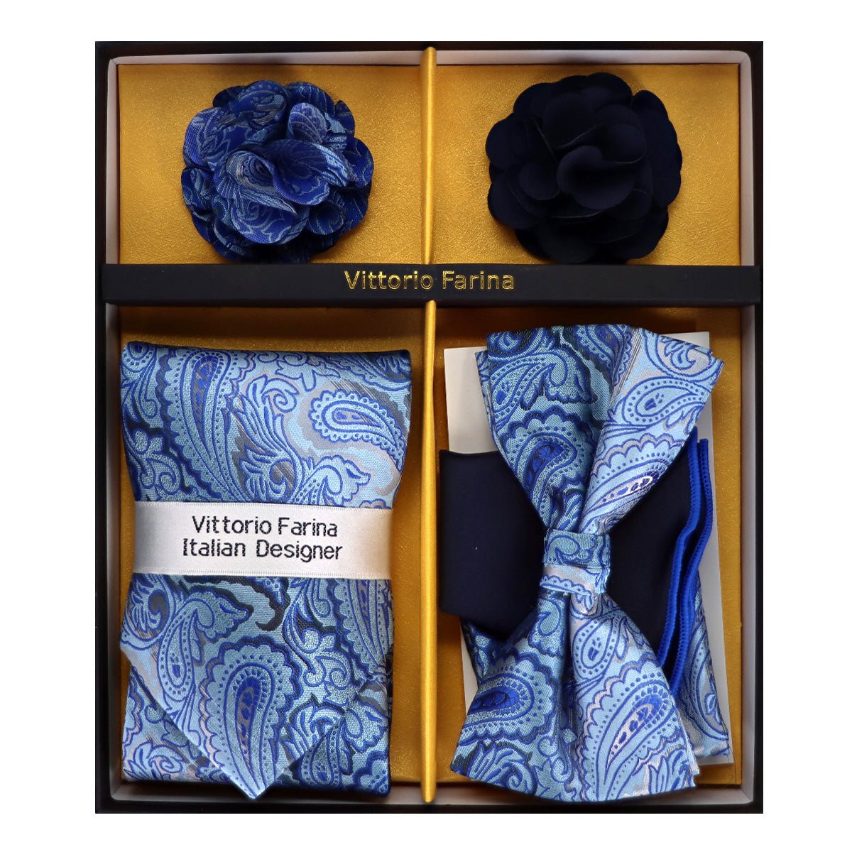Vittorio Farina Men's Design Necktie, Bow Tie, Pocket Squares and Flower Lapel Pin in a Gift Box - GB - NHBL - D_21064 - Classy Cufflinks