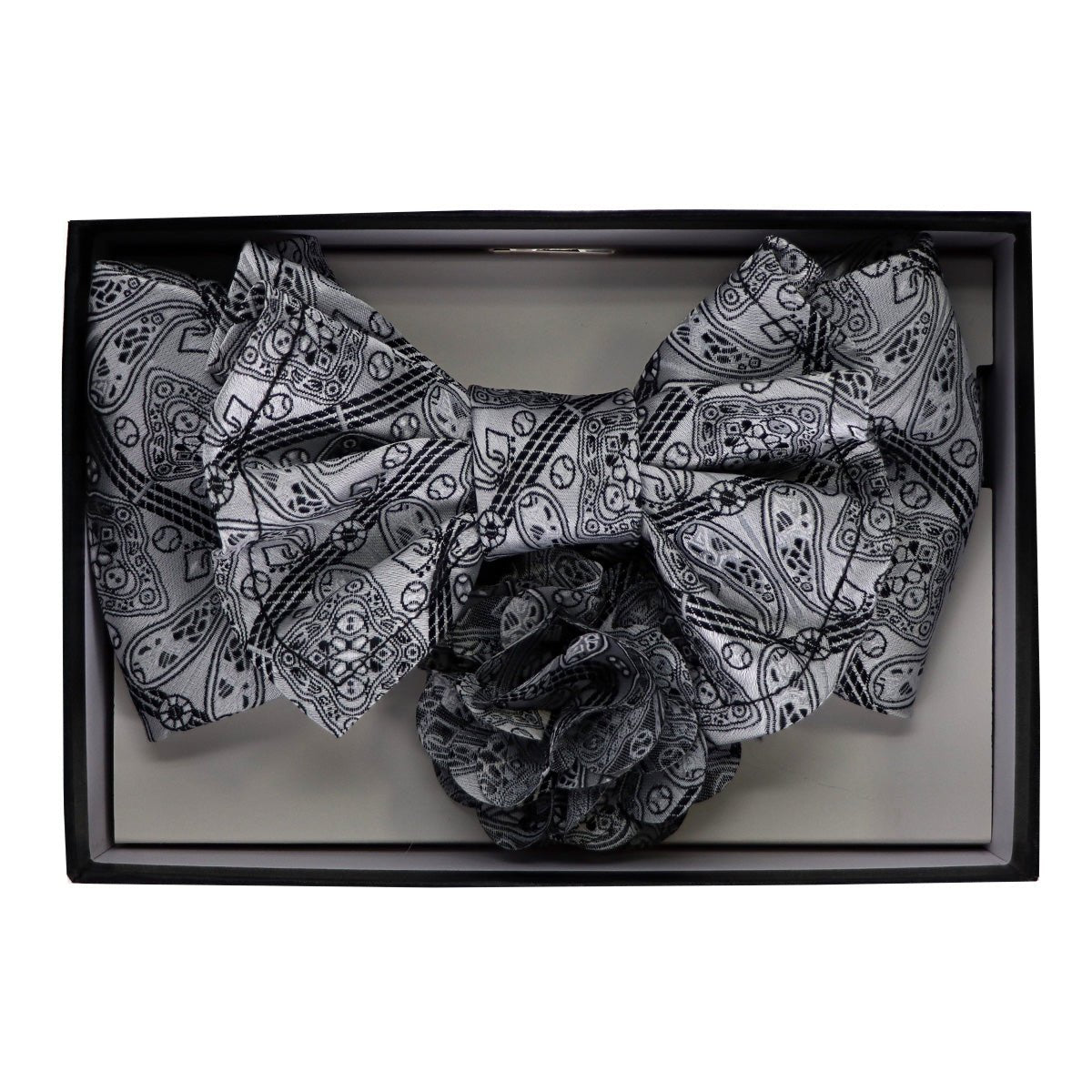 Vittorio Farina Men's Design XL Bow Tie, Pocket Square and Flower Lapel Pin in Gift Box - GB - XLBHL_2129 - Classy Cufflinks