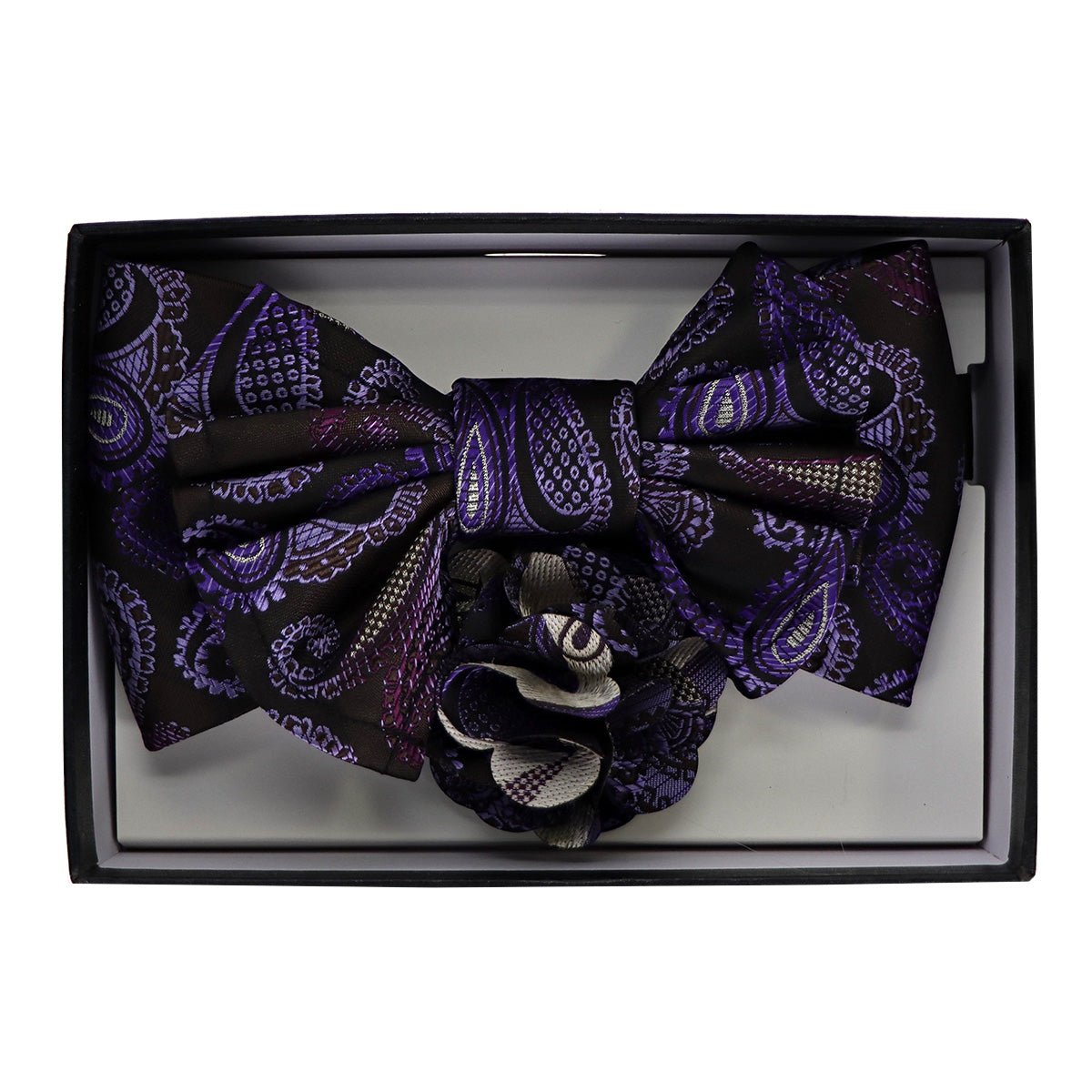 Vittorio Farina Men's Design XL Bow Tie, Pocket Square and Flower Lapel Pin in Gift Box - GB - XLBHL_2135 - Classy Cufflinks