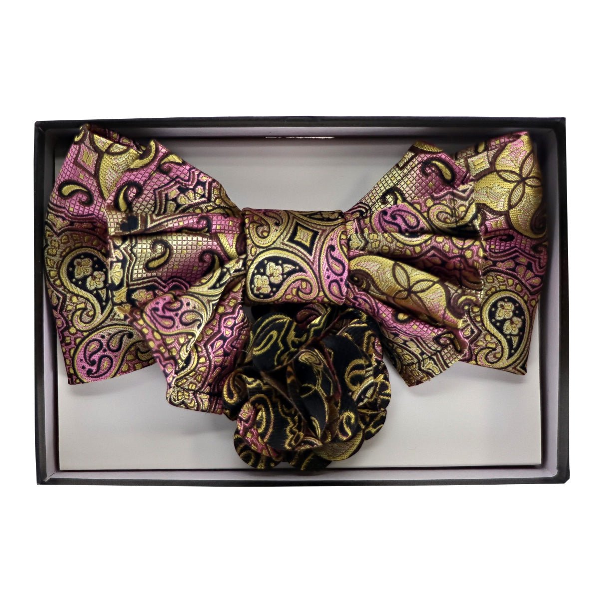 Vittorio Farina Men's Design XL Bow Tie, Pocket Square and Flower Lapel Pin in Gift Box - GB - XLBHL_2138 - Classy Cufflinks