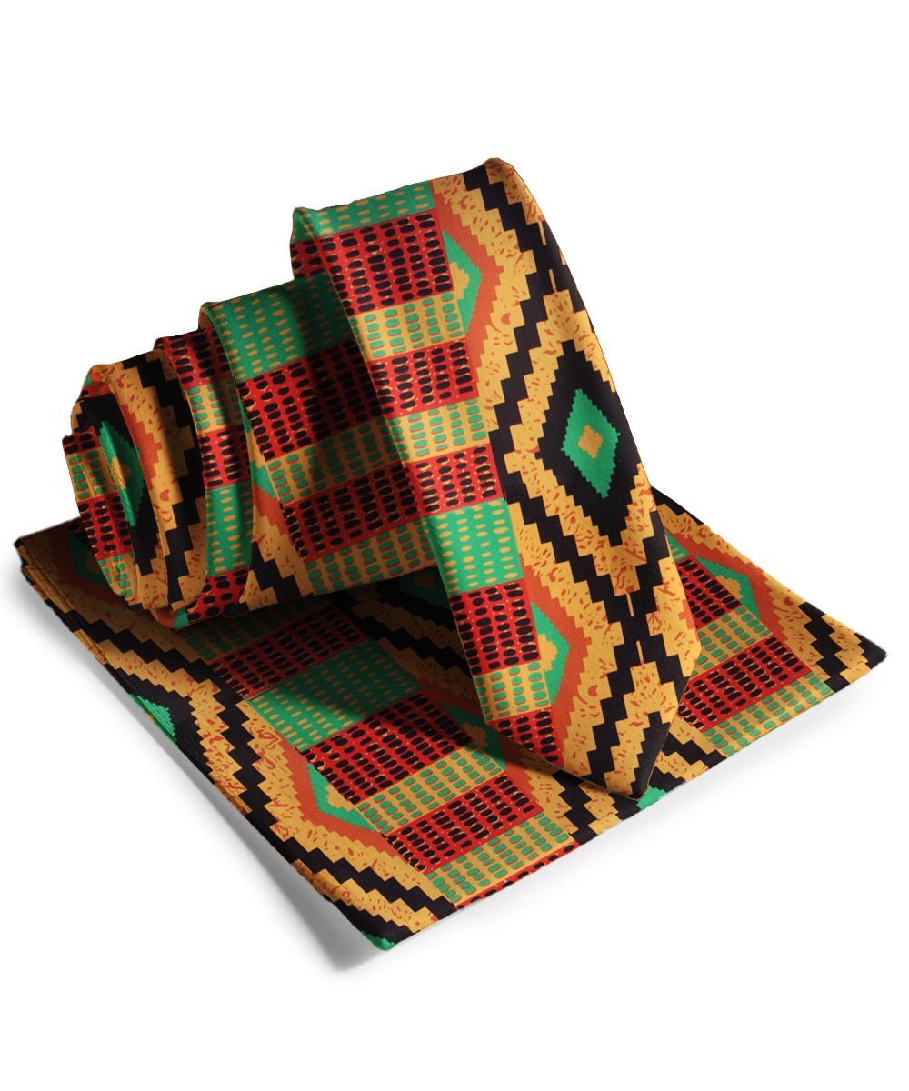 Kente Design Necktie & Pocket Square by Vittorio Farina (NH - SKINNY - K_Kente 2) for Independent Retail Stores by Dubal Brothers
