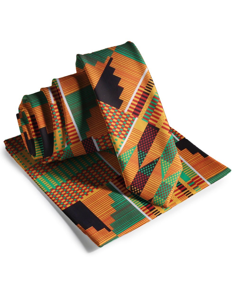 Kente Design Necktie & Pocket Square by Vittorio Farina (NH - SKINNY - K_Kente 3) for Independent Retail Stores by Dubal Brothers