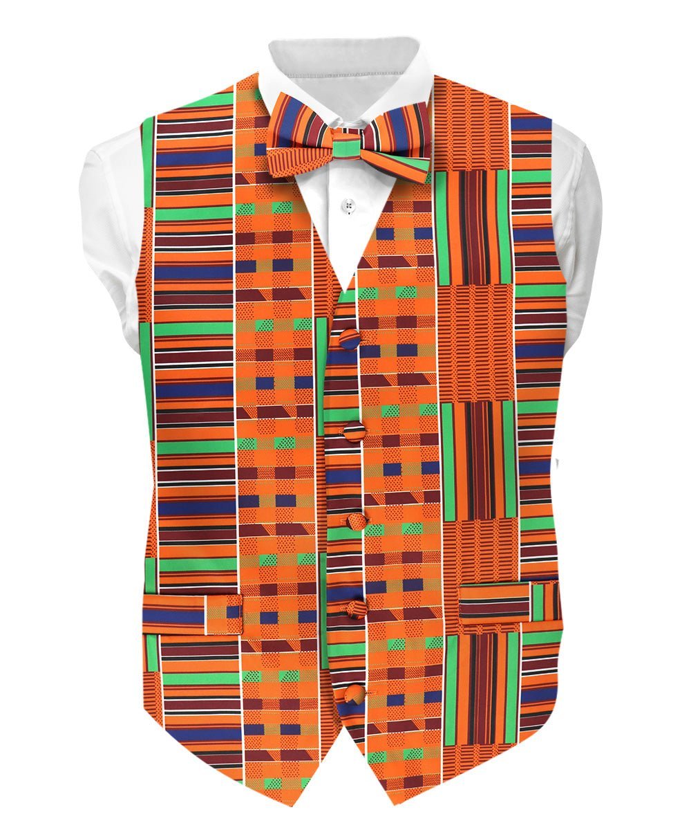 Kente Design Vest & Bow Tie Set by Vittorio Farina (vest_kente_BB_Kente 1_S) for Independent Retail Stores by Dubal Brothers