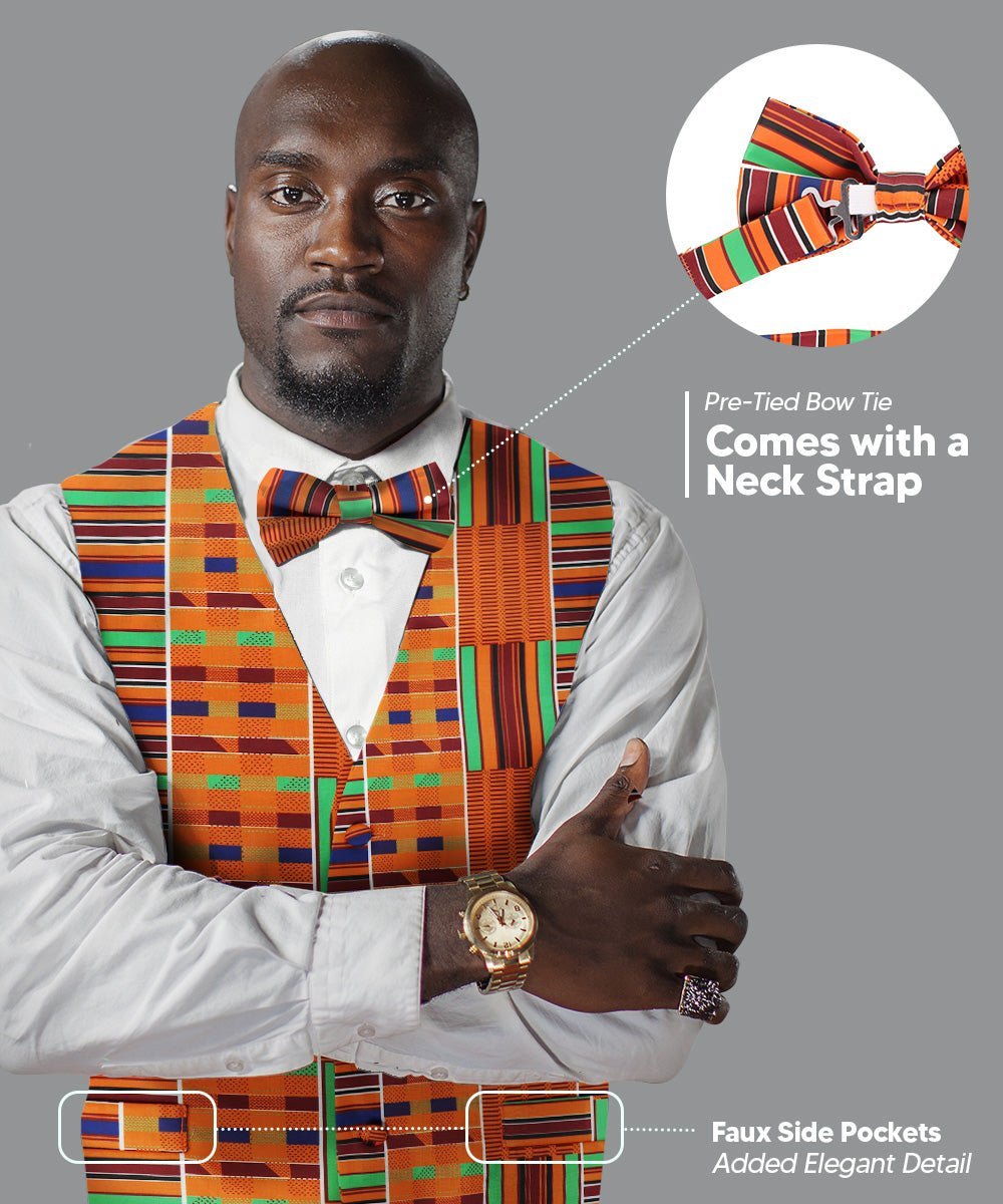 Kente Design Vest & Bow Tie Set by Vittorio Farina (vest_kente_BB_Kente 1_S) for Independent Retail Stores by Dubal Brothers
