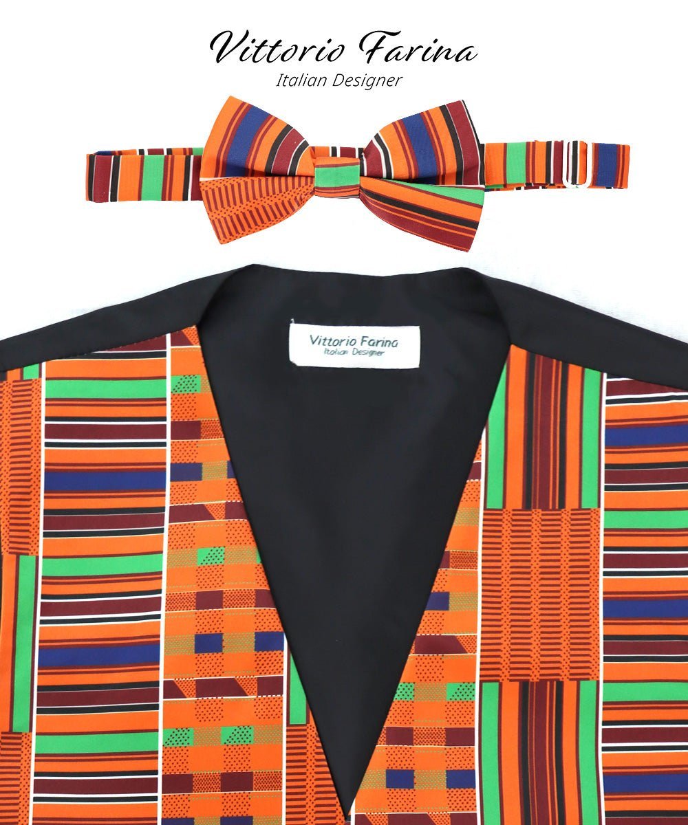 Kente Design Vest & Bow Tie Set by Vittorio Farina (vest_kente_BB_Kente 1_S) for Independent Retail Stores by Dubal Brothers