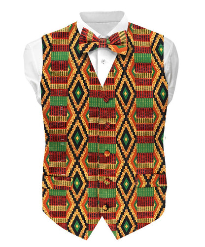 Kente Design Vest & Bow Tie Set by Vittorio Farina (vest_kente_BB_Kente 2_S) for Independent Retail Stores by Dubal Brothers