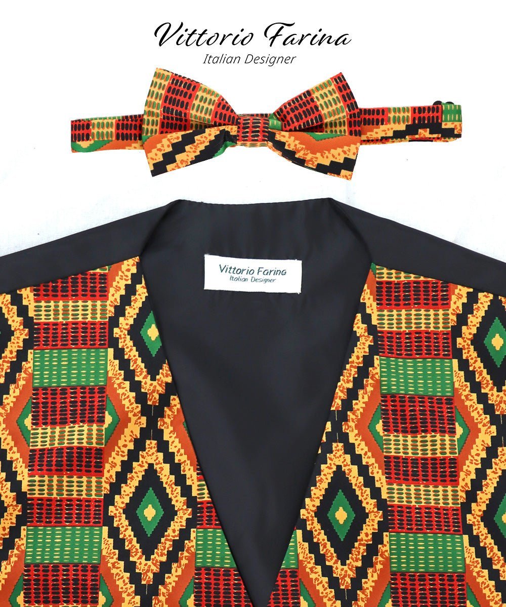 Kente Design Vest & Bow Tie Set by Vittorio Farina (vest_kente_BB_Kente 2_S) for Independent Retail Stores by Dubal Brothers