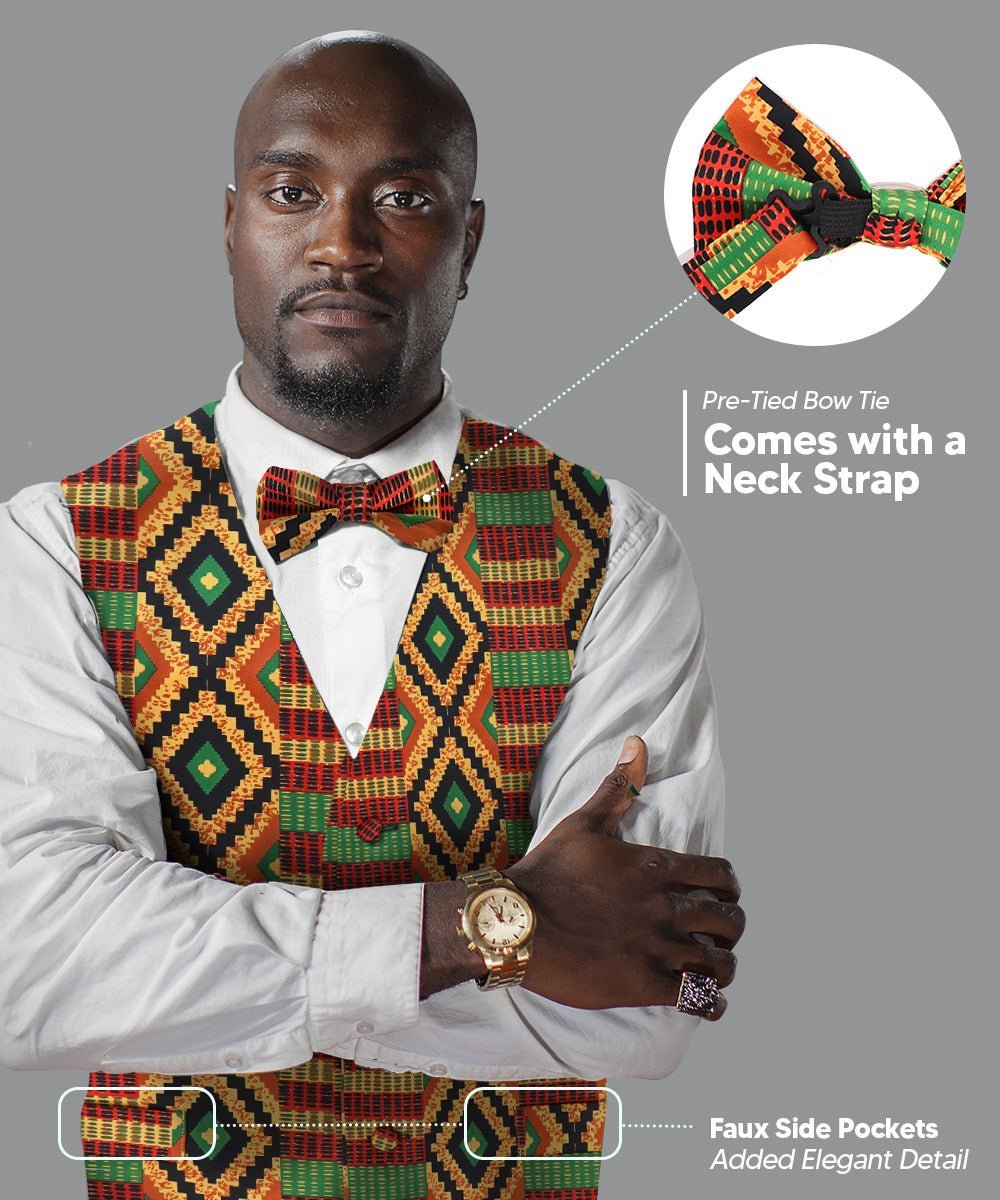Kente Design Vest & Bow Tie Set by Vittorio Farina (vest_kente_BB_Kente 2_S) for Independent Retail Stores by Dubal Brothers